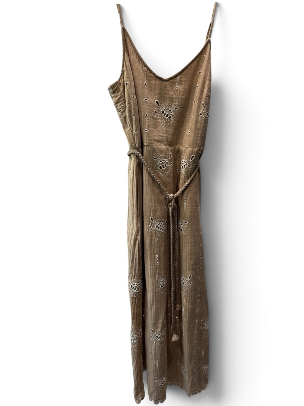 Universal Thread Embroidered 100% Cotton Dress M Tan Eyelet Fully Lined Boho